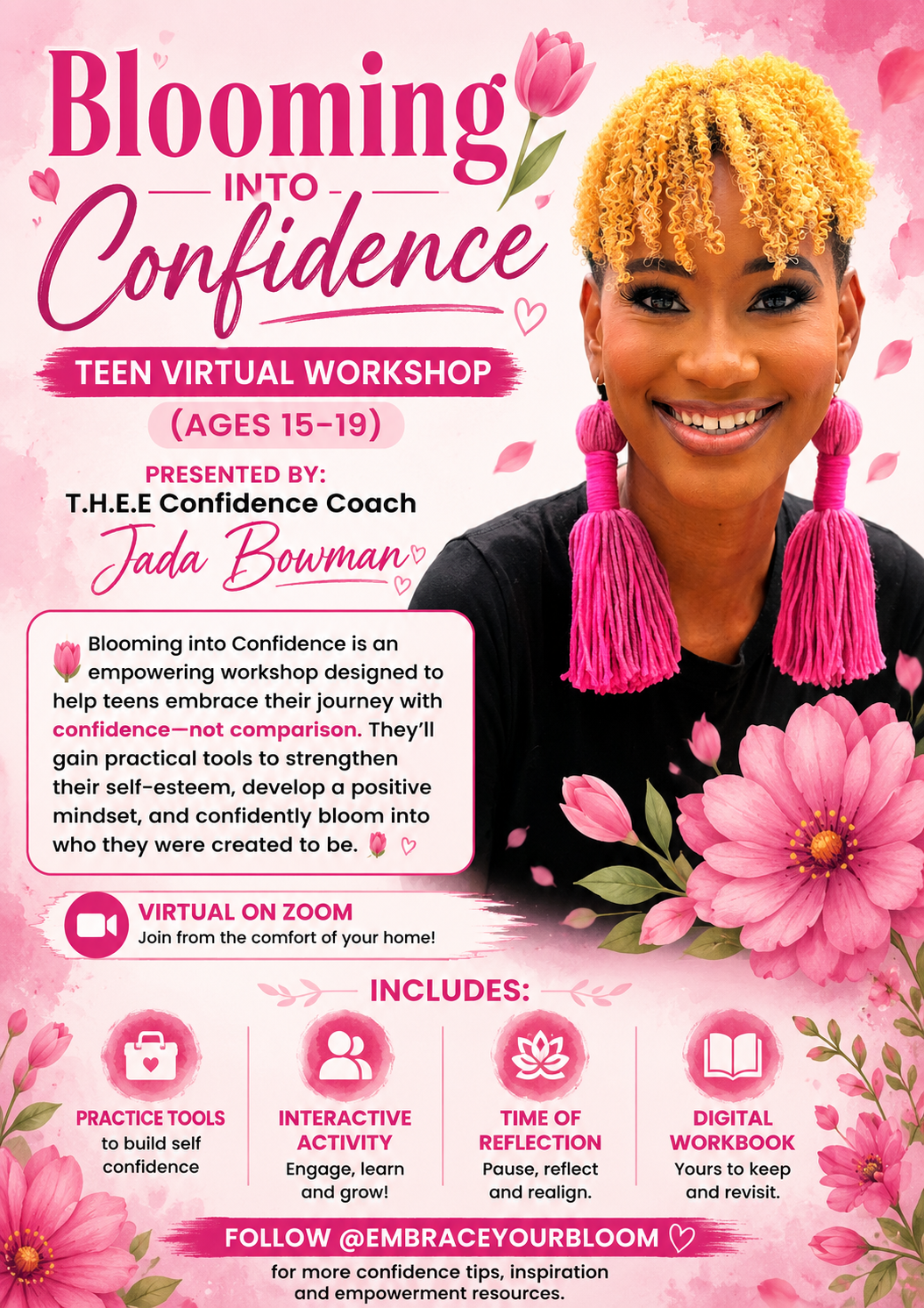 Bloom to Confidence Teen Virtual Workshop flyer